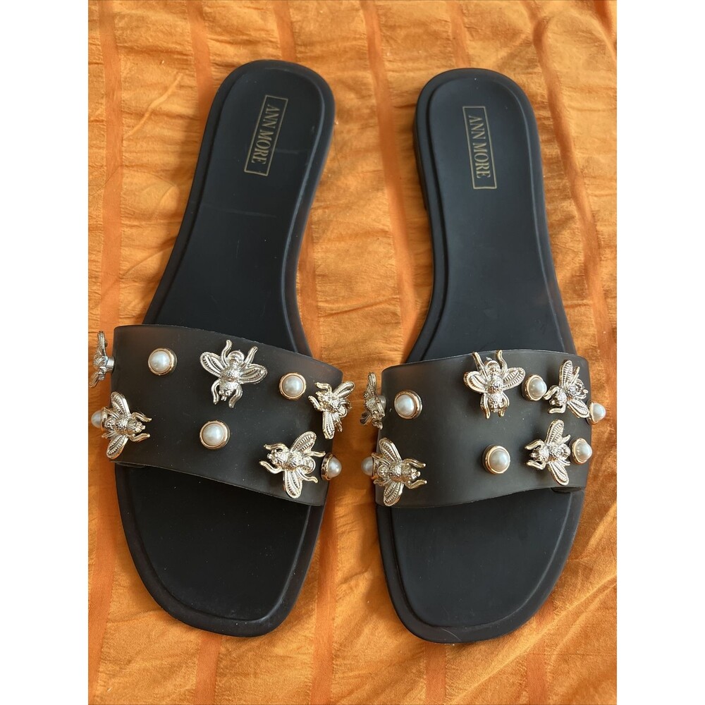 Ann More TORONTO Jelly Slide BEE Womens Sandal Black Fashion Summer Flat Sz 9